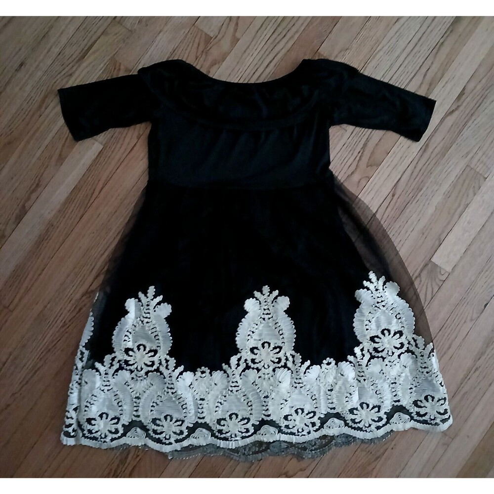 Black Cocktail Party Dress Women's XL Embroidered Damask Pattern Tool Overlay